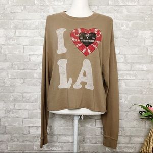 NWT DAYDREAMER Brown Graphic "I Love LA" Red Heart Long Sleeve Crop Top Small